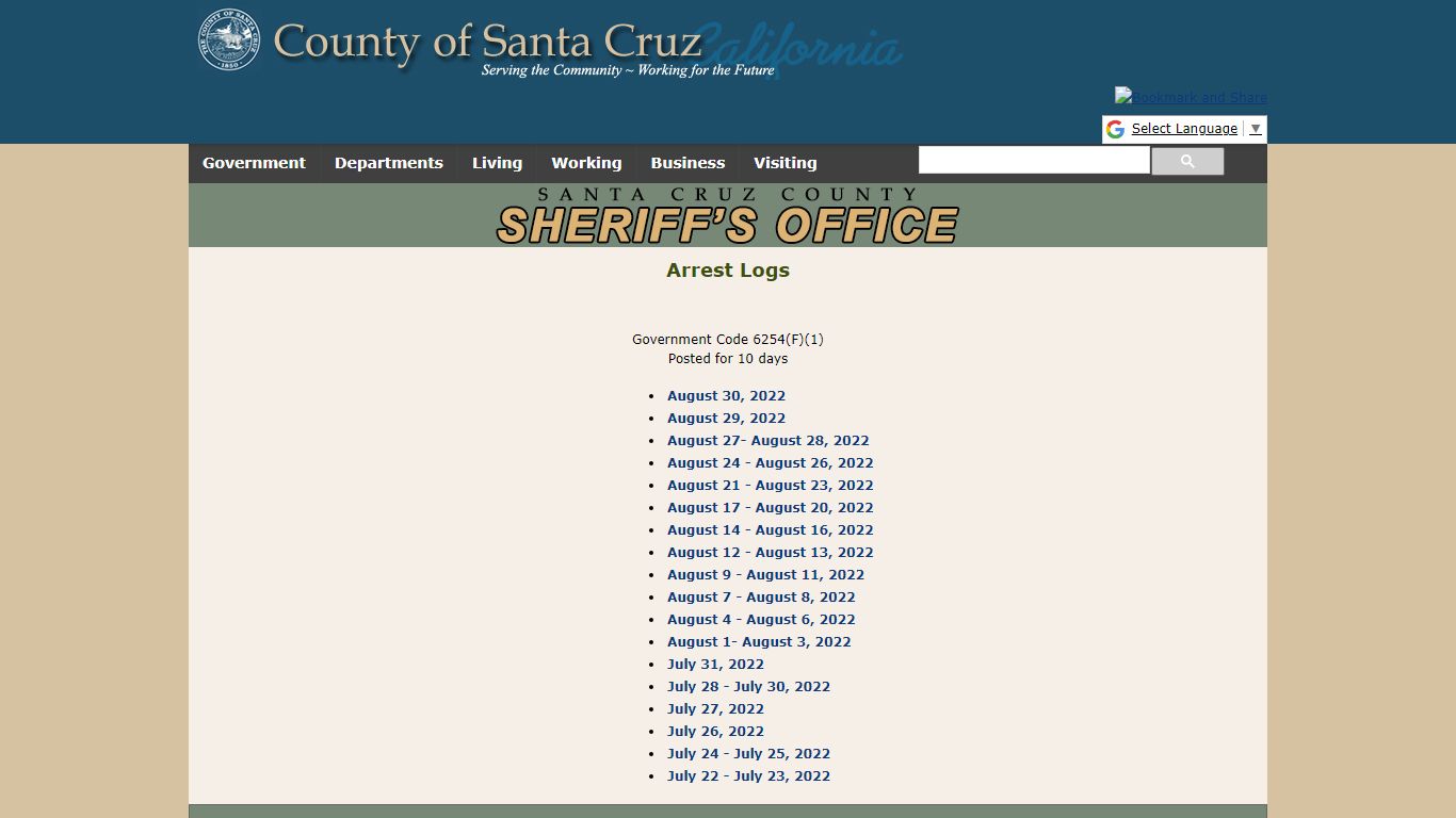 Arrest Logs - Santa Cruz County Sheriff's Office Homepage
